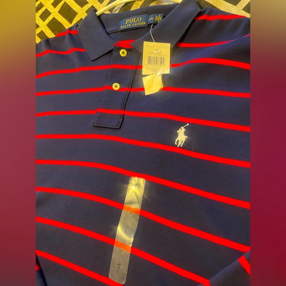 Plaid polo collared long sleeve navy blue red stripes with white horse - Picture 2 of 5